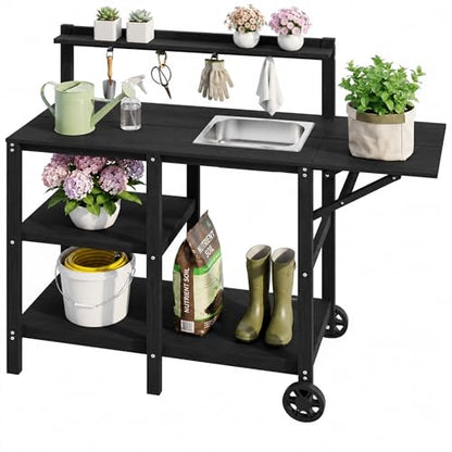 YEFU Potting Bench with Sink, All-Weather Resistant,Black - color: Black, size: Premium