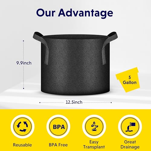 iPower 5-Pack 5 Gallon Thickened Grow Bags Nonwoven Fabric Pots Aeration Container with Strap Handles for Garden and Planting, Black - color: 5-pack Black, size: 5 Gallon Thickened