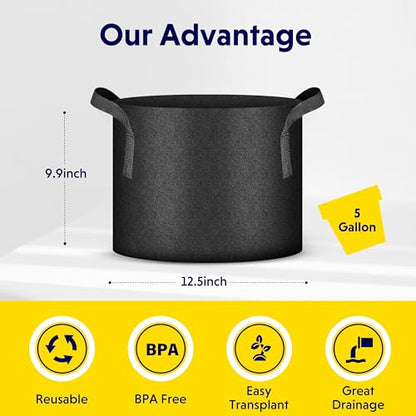 iPower 5-Pack 5 Gallon Thickened Grow Bags Nonwoven Fabric Pots Aeration Container with Strap Handles for Garden and Planting, Black - color: 5-pack Black, size: 5 Gallon Thickened