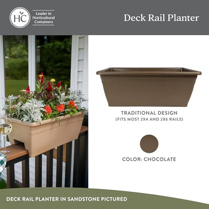 The HC Companies 24 Inch Deck Rail Planter Box with Drainage Plug, Lightweight UV-Resistant Plastic Outdoor Planters for Wood Deck Rail, Flower Box for Garden, Patio, Balcony, and Fence, Chocolate - color: Chocolate