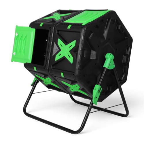 140L Dual Chamber Compost Bin Outdoor Rotating Composter W/Sliding Door Easy Setup Compost Tumbler for Outside Garden and Yard