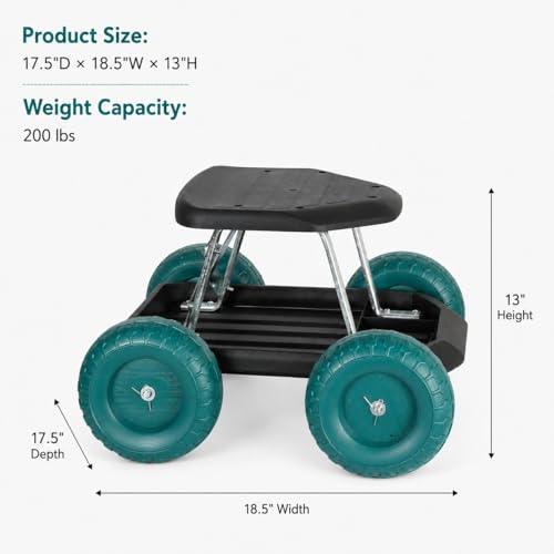 BEETOW Rolling Garden Seat with Wheels, Gardening Stool and Garden Scooter Cart with Storage Tool Tray, Rolling Garden Work Seat for Weeding, Planting, Pruning, Yard Work and Garage Repair