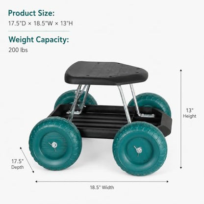BEETOW Rolling Garden Seat with Wheels, Gardening Stool and Garden Scooter Cart with Storage Tool Tray, Rolling Garden Work Seat for Weeding, Planting, Pruning, Yard Work and Garage Repair