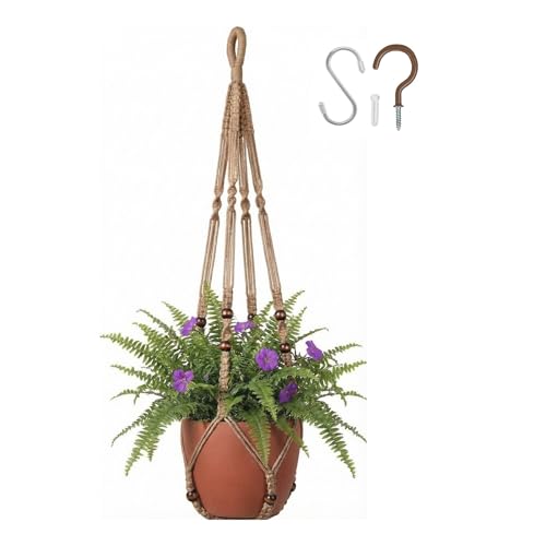 Macrame Plant Hanger 35", No Tassel Hanging Plant Holder, Sturdy Flower Pot Holder with 2 Hooks - Brown - color: Brown, size: 35"-1pc