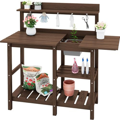 SERWALL Outdoor Potting Bench with Removable Sink,Gardening Table,Coffee - color: Coffee, size: Classic