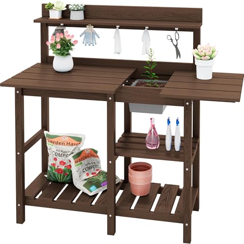 SERWALL Outdoor Potting Bench with Removable Sink,Gardening Table,Coffee - color: Coffee, size: Classic