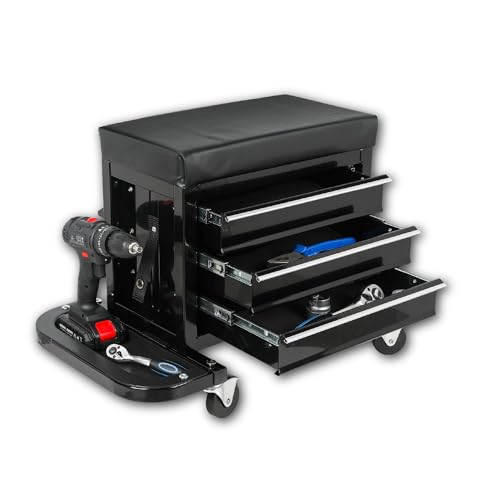 Rolling Mechanic Stool with Wheels, Creeper Seat with 3 Built-in Tool Drawers & 2 Fold-Down Side Tool Trays for Shop & Work, Garage Use - color: Black W/3 Front Drawers