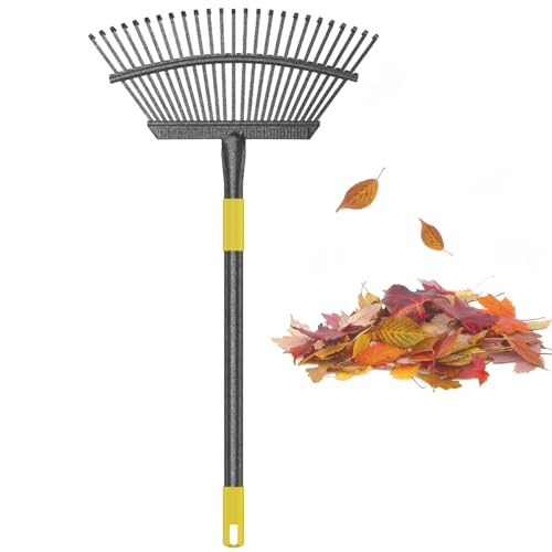 Leaf Rake, 30-61 inch Garden Rakes for Leaves Heavy Duty Long Handle, 25 Tines 18" Wide Metal Thatch Lawn Gravel Shrub Yard Landscape Rake for Leaves and Grass - style: 30-61"