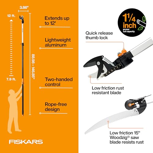 Fiskars 8-12 Ft Extendable 2-in-1 Tree Pruner & Pole Saw with Rotating Head - style: 8-12 ft Rope-Free Saw & Pruner