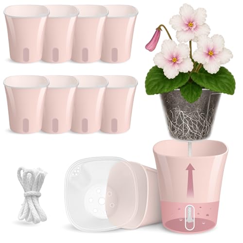 10 Pack 3" Self Watering Pots for Indoor Plants, Clear Inner Cup, Small Pink Plastic Planters, Water Level Indicator, Drainage Holes, Extra 3ft Wick, Cuttings,Seedlings,Herb,African Violet - color: Dusty Pink, size: 3" (10 Pack)
