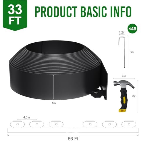 33FT Landscape Edging 4 in Tall with 45 Spikes, Garden Edging Border and 1 Hammer, Plastic Landscape Edging Border Lawn Edging for Landscaping, Flower Beds, Yard - size: 4 In x 33 FT