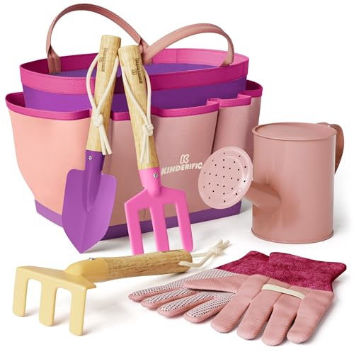 Kinderific Gardening Set, Tool Kit, for Kids, STEM, Includes Tote Bag, Spade, Watering Can, Rake, Fork, Trowel and Gloves (Princess Pink) - color: Princess Pink