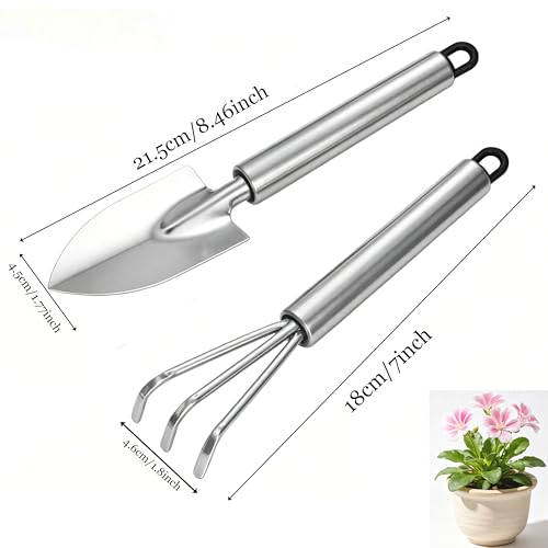 Garden Trowel, Mini Stainless Steel Hand Shovel Garden Rake 2 Pack - color: Mini Silver