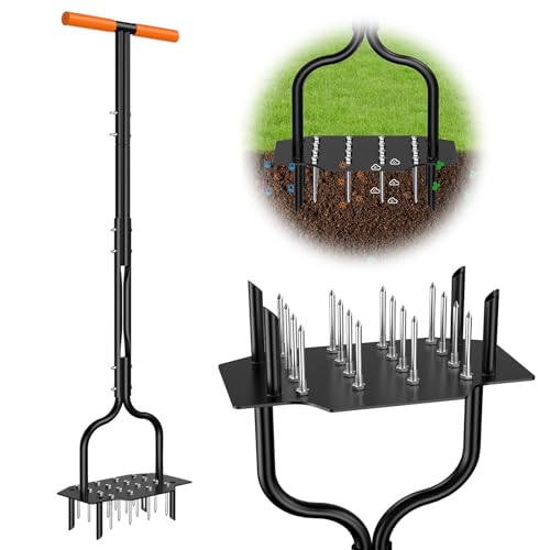 Luvenia Lawn Aerator Tool, 40 Inch Heavy Duty Manual Lawn Aerator, 16 Iron Spikes Metal & 4 Hollow Slots, Upgraded Exhaust Loosening 2-in-1,Garden Cleaning Hand Tool for Yard, Revives Lawn Health