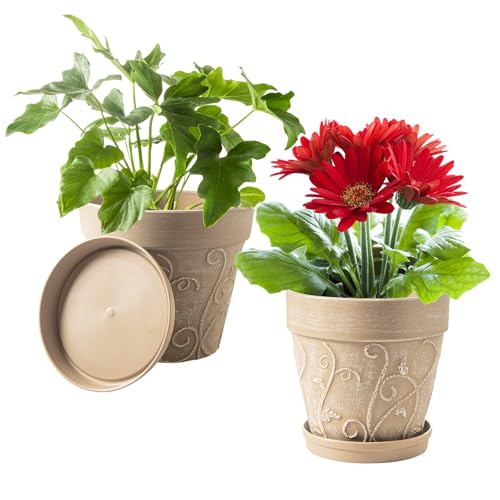 Melphoe Plastic Plant Pots Indoor with Drainage & Saucer, 2Pack 8 inch Flower Pots Outdoor Planters for Indoor Plants Garden Home Decor Cactus Succulent, (NOT-Terracotta) Vine-Embossed - color: Undecorated Pottery Color, size: 8 inch