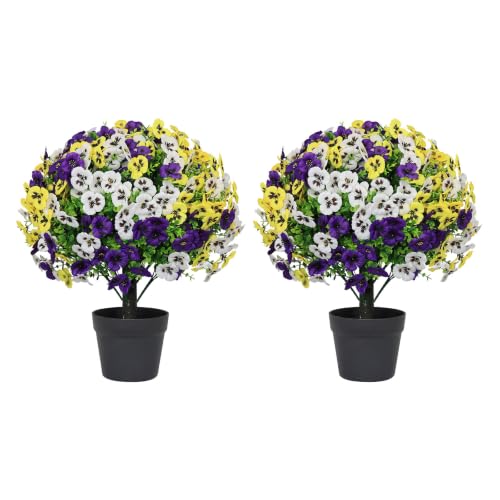 24" Artificial Pansy Flowers for Outdoors with Cement Pots Set of 2 - color: Pansy Yellow-purple-white