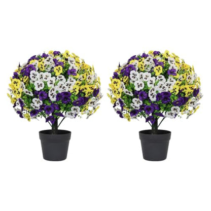 24" Artificial Pansy Flowers for Outdoors with Cement Pots Set of 2 - color: Pansy Yellow-purple-white