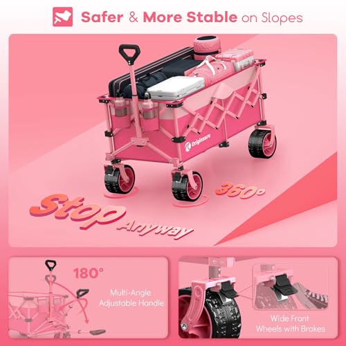 Originsure 220L Collapsible Beach Wagon Cart with Big Wheels, 460lbs, Pink - color: Pink