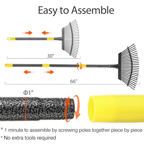 Collapsible Rake for Leaves, 30-66 inch Metal Leaf Rakes for Lawns Heavy Duty Extended Handle, 25 Tines 18" Wide Rake Garden Tools for Camping, Yard, Landscape, Pine Needle and Grass - style: 30-66"