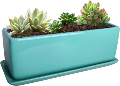 Vencer 14 Inch Rectangular Modern Minimalist Ceramic Succulent Planter Pot - Window Box with Saucer,Office Desktop Potted Stand,Turquoise,VF-0173T - color: Turquoise, size: 14 Inch