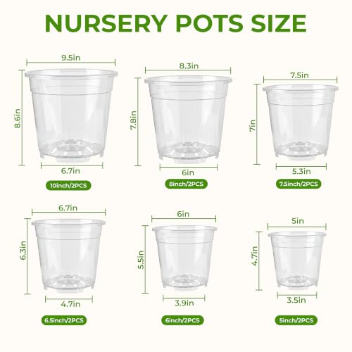 Sturdy 12 Pack Clear Nursery Pots 5/6/6.5/7.5/8/10 Inch with Drainage Holes
