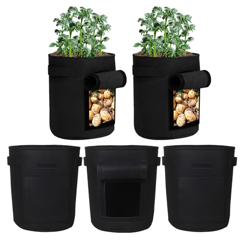 5-Pack 10 Gallon Grow Bags with Harvest Window Thickened 300g Nonwoven Fabric Heavy Duty Plant Pots for Vegetables Potato Tomatoes Carrots Gardening Containers with Reinforced Handles Black - size: 10GAL-BLK