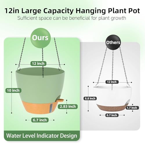 ZMTECH 12 Inch Large Self Watering Hanging Planters for Indoor Outdoor Plants - Water Level Indicator & Removable 60 Oz Reservoir, 1 Pack Plastic Hanging Basket for Window Porch Garden Balcony, Green - color: Green, size: 12 Inch