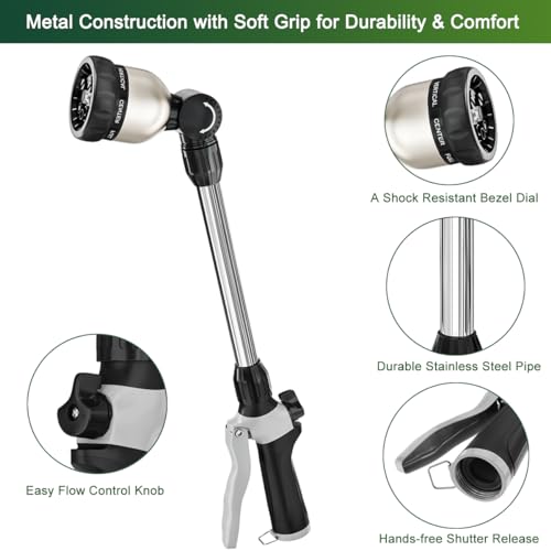 FANHAO Watering Wand Heavy Duty, 16 Inches Metal Garden Hose Wand with 8 Spray Patterns, Long Hose Nozzle Sprayer with ON/OFF Thumb Control, Perfect for Hanging Baskets, Shrubs, Garden and Lawn