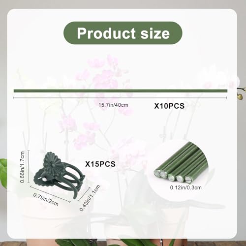 10Pcs Plant Support Stakes with 15pcs Plant Clips,15.7 Inches Bendable Plant Sticks for Indoor and Outdoor Plants,Single Stem Flower Stakes for Phalaenopsis Orchid Flower Roses(Green) - color: Green