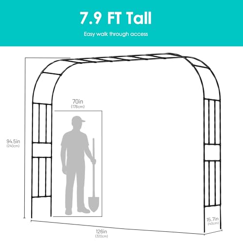 Twira Garden Arch Trellis, 7.9FT(240cm) Metal Garden Arbor Trellis for Climbing Plants Outdoor, Large Wedding Arch for Ceremony, Black Garden Archway Trellises Decoration for Lawn, Patio, Backyard - color: 126 inch Length - Black, size: Full Arch