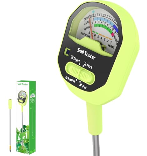 Soil Moisture Meter, 4-in-1 Soil Tester PH, Soil Moisture, Fertility, Sunlight Intensity with Removable Probe, Large Dial Soil Tester Kit for Gardening, Farming, Lawning and Outdoor Plants