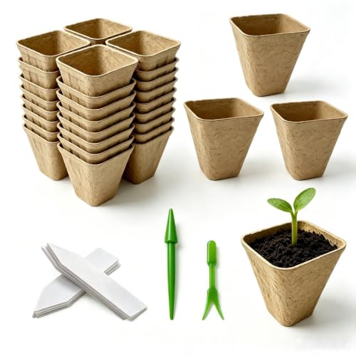 36 Pcs Square Peat Pots Nursery Kit with Labels & Garden Tools