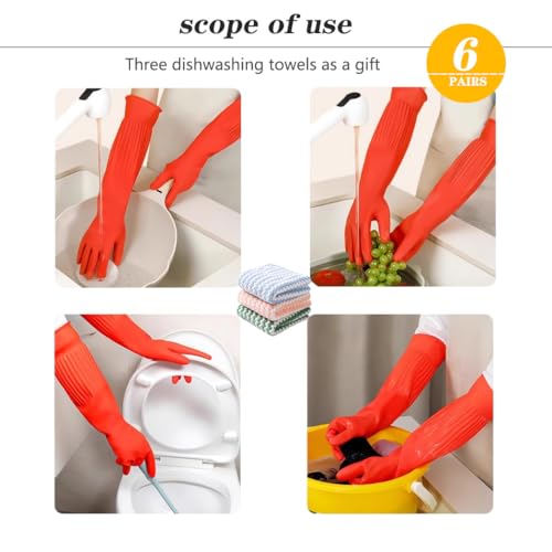 6-Pair 17.8-Inch Elbow - Length Reusable Rubber Waterproof Household Cleaning and Kitchen Dishwashing Gloves - size: Medium