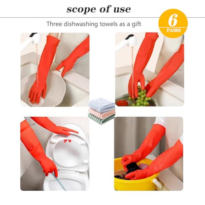 6-Pair 17.8-Inch Elbow - Length Reusable Rubber Waterproof Household Cleaning and Kitchen Dishwashing Gloves - size: Medium