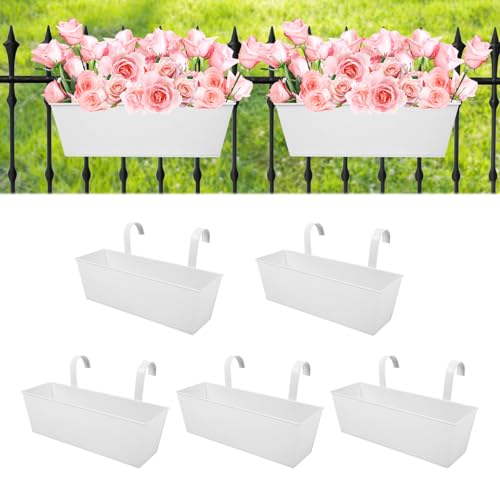 16 Inch Railing Planters Box Metal Hanging Flower Pot 5 Pcs - color: White-5pcs