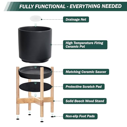 D'vine Dev Ceramic Pot with Natural Wood Stand, Black, 8 in, 55-B-N-2 - color: Black Pot + Natural Stand, size: 8 Inch