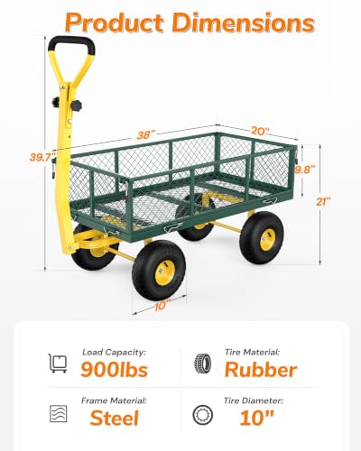 Firstness 900lbs Metal Garden Wagon Cart Large Garden Cart on Wheels, Green - color: Green, size: Updated 900 Lbs