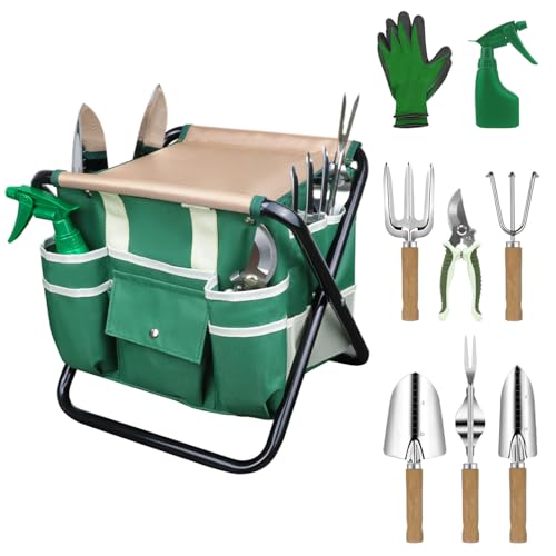 LeMotech Garden Tool Set,10 Pieces Heavy Duty Gardenting Tool Kit, Folding Stool with Detachable Tote Bag, Thicker Stainless Steel Tools (Trans-Planter,Trowel,Weeder etc.) for Women Men - style: Green Garden Bag with Stool