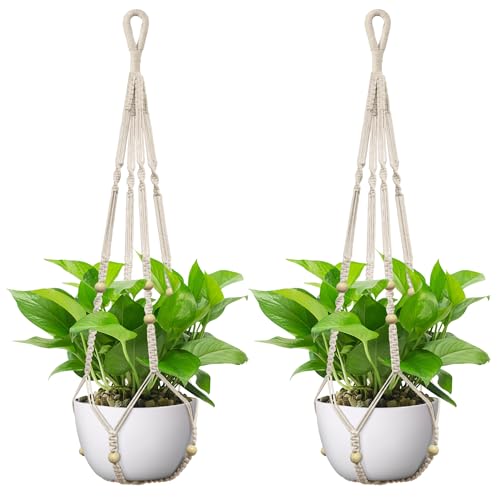 USLAI Macrame Plant Hanger, Fits 4 to 15 Inch Pots, 35 Inch, Ivory, 2 Pack - color: Ivory, size: 2 Pack