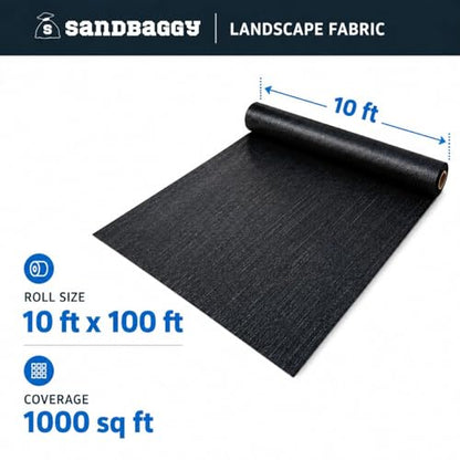Sandbaggy 10 ft x 100 ft Landscape Fabric, Extra Wide Heavy Duty Weed Barrier Fabric, Woven Polypropylene Ground Cover for Garden Beds, Rows, Pathways, Mulch and Gravel (1 Roll - 10 ft x 100 ft) - size: 1 Roll - 10 ft x 100 ft