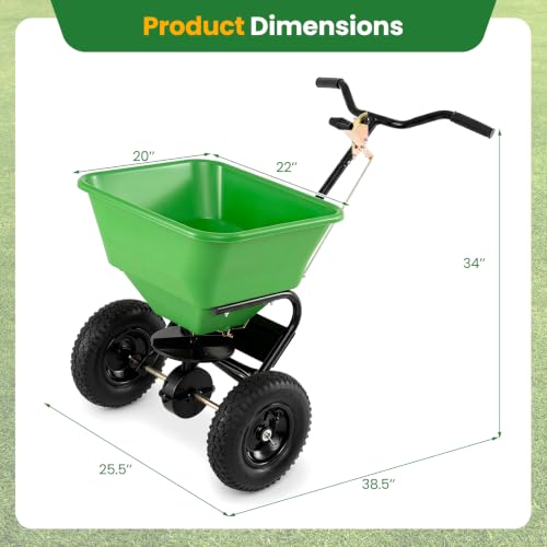 66LBS Walk-Behind Broadcast Spreader with 13" All-Terrain Pneumatic Tires, 6.5FT Spreading Width & Adjustable Flow Control, Push Fertilizer Spreader for Grass Seed, Salt & Ice Melt (Green) - color: Green