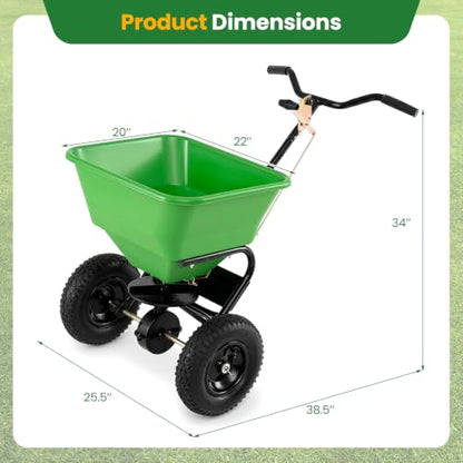 66LBS Walk-Behind Broadcast Spreader with 13" All-Terrain Pneumatic Tires, 6.5FT Spreading Width & Adjustable Flow Control, Push Fertilizer Spreader for Grass Seed, Salt & Ice Melt (Green) - color: Green