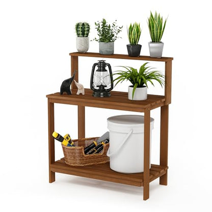 Furinno TIOMAN Potting Bench with Storage, Outdoor Potting Bench Table, Garden Workstation, with Shelves for Gardening, Potting, Planting, Light Wood
