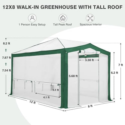 EAGLE PEAK 12x8 Walk in Pop Up Greenhouse, Support Pole, Green/White - color: Green/White, size: 12x8