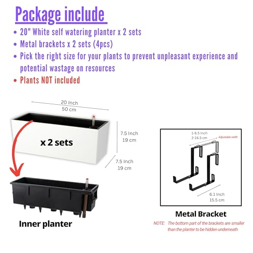 LaLaGreen Rail Planter for Balcony Outdoor (20 Inch, 2 Pack) Large White Self Watering Deck Railing Planters with Brackets, Rectangular Plastic Fence Flower Box Designer Choice - color: 20" X 2 (White)