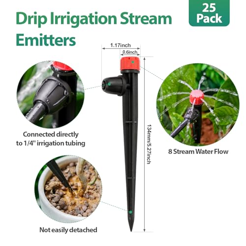 RedChili 25 Pieces Drip Emitters for 1/4" Drip Irrigation Tubing, Adjustable 360 Degree Stream Drip Emitters with Stake 360° Full Circle 8 Hole Stream Emitters Garden Irrigation Micro Drippers - size: 25P Multi-stream Emitter