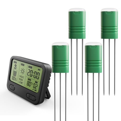 Nexuslab Wireless Soil Moisture Meter with LCD Receiver – 3‑Probe 3‑in‑1 Sensor (Moisture, Temperature, Light), 230 ft RF Range, Waterproof, Long Battery Life for Indoor/Outdoor Plants and Gardens - size: Main Unit + 4 Sensors