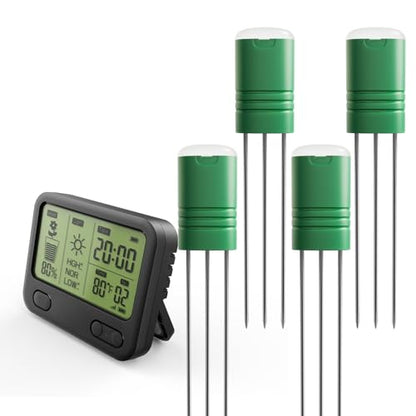 Nexuslab Wireless Soil Moisture Meter with LCD Receiver – 3‑Probe 3‑in‑1 Sensor (Moisture, Temperature, Light), 230 ft RF Range, Waterproof, Long Battery Life for Indoor/Outdoor Plants and Gardens - size: Main Unit + 4 Sensors