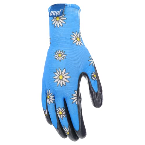 Mud Grip Women's Daisy Printed Polyester Shell and Flat Nitrile Coated Palm Gardening Gloves, - color: Blue, size: X-Small/Small (Pack of 1)