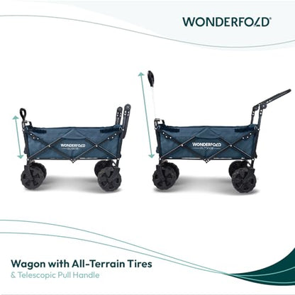 WONDERFOLD S2 Push & Pull Folding Utility Cart with Wide Beach Tires, Adjustable Push Handle, Telescopic Pull Handle with Spring Bounce Technology & Storage Pouch, Blue - color: Blue.